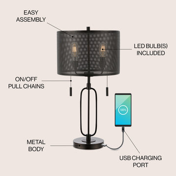 Hank 27" Industrial Farmhouse Iron LED Table Lamp with USB Charging Port - JONATHAN Y